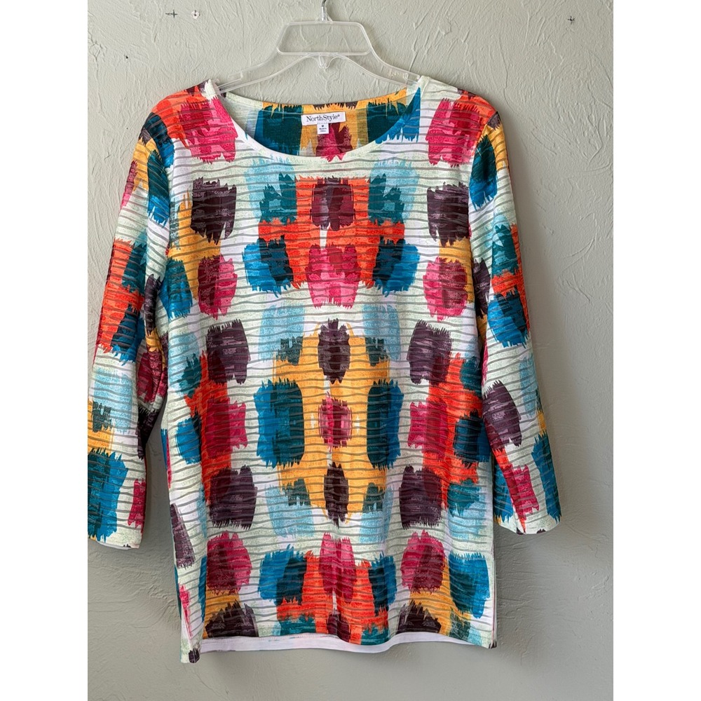 NorthStyle Womens Abstract Print 3/4 Sleeve Top Multi Color Textured Knit‎ M